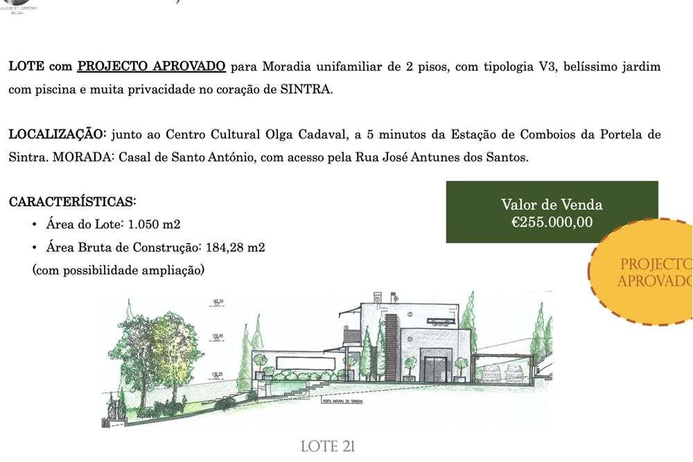 LOTE DE TERRENO DE 1.200M2 COM PROJECTO  NO CORAÇAO DE SINTRA APROVADO EM SINTRA